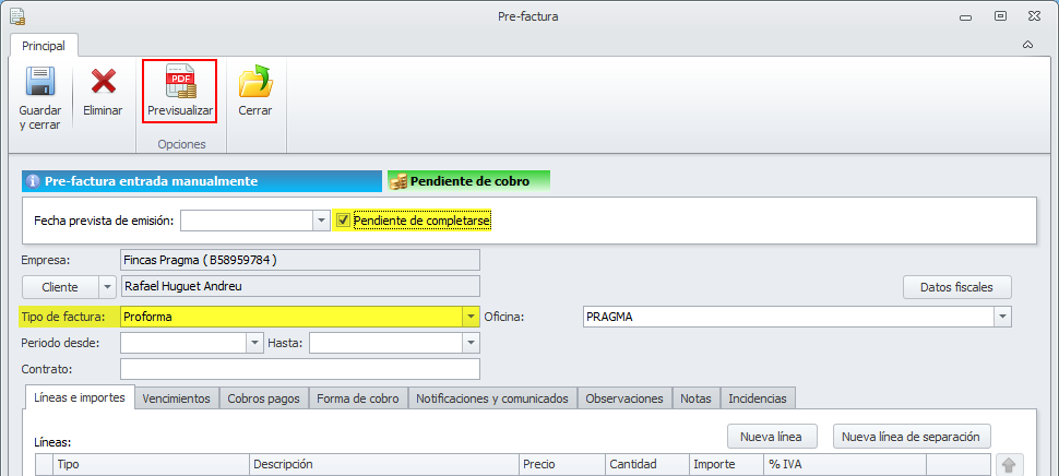 Emitir una factura proforma